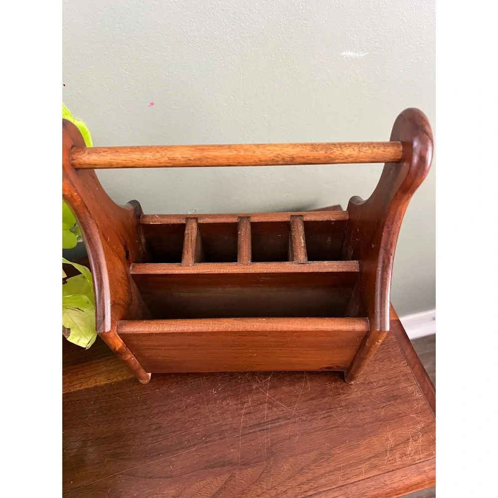 Vintage Teak Desk Organizer Utensil Holder Wooden Caddy